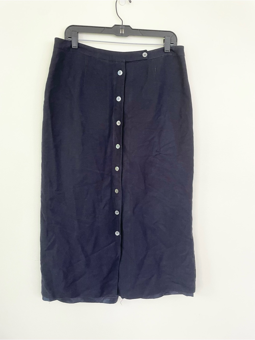 Emma James Linen Blend Navy Blue Front Button Midi Skirt Sz 14 Lagenlook